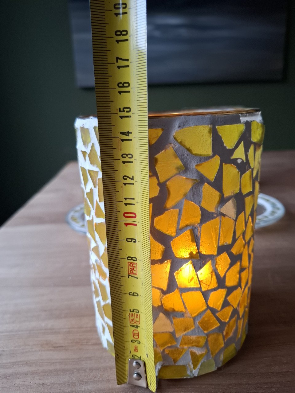 2X Windlicht waxinelichthouder kandelaar geel glas mozaïek