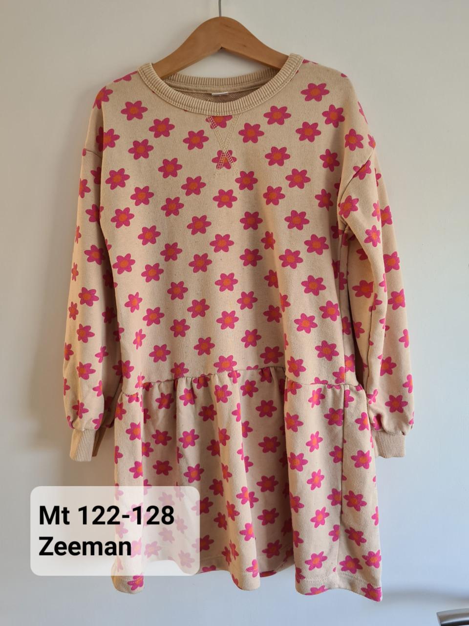 Beige met roze bloemen jurk van Zeeman  - Maat 122-128