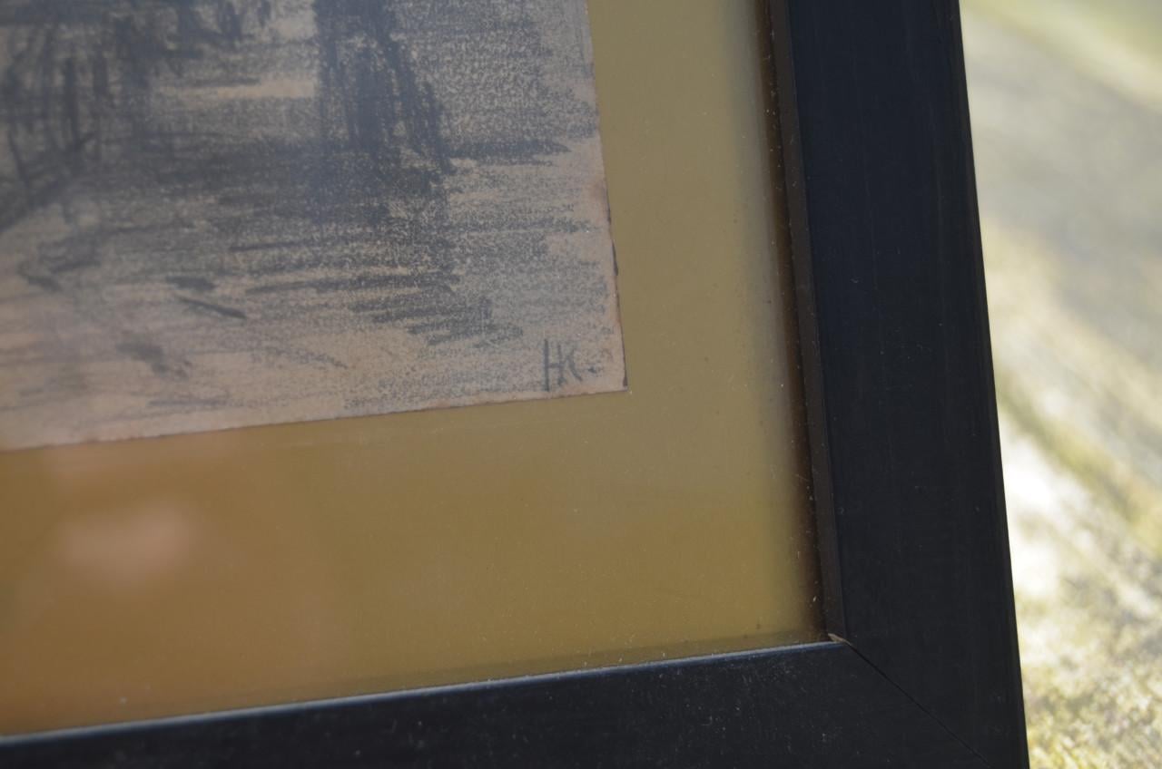 Kleine schets tekening van een kerkje, Gesign. 'HK'