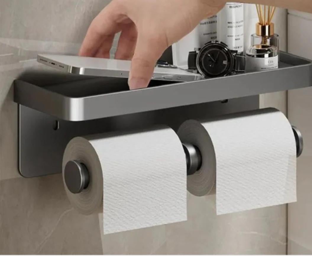 Nieuwe dubbele wc-rol houder met plankje, in antraciet kleur.