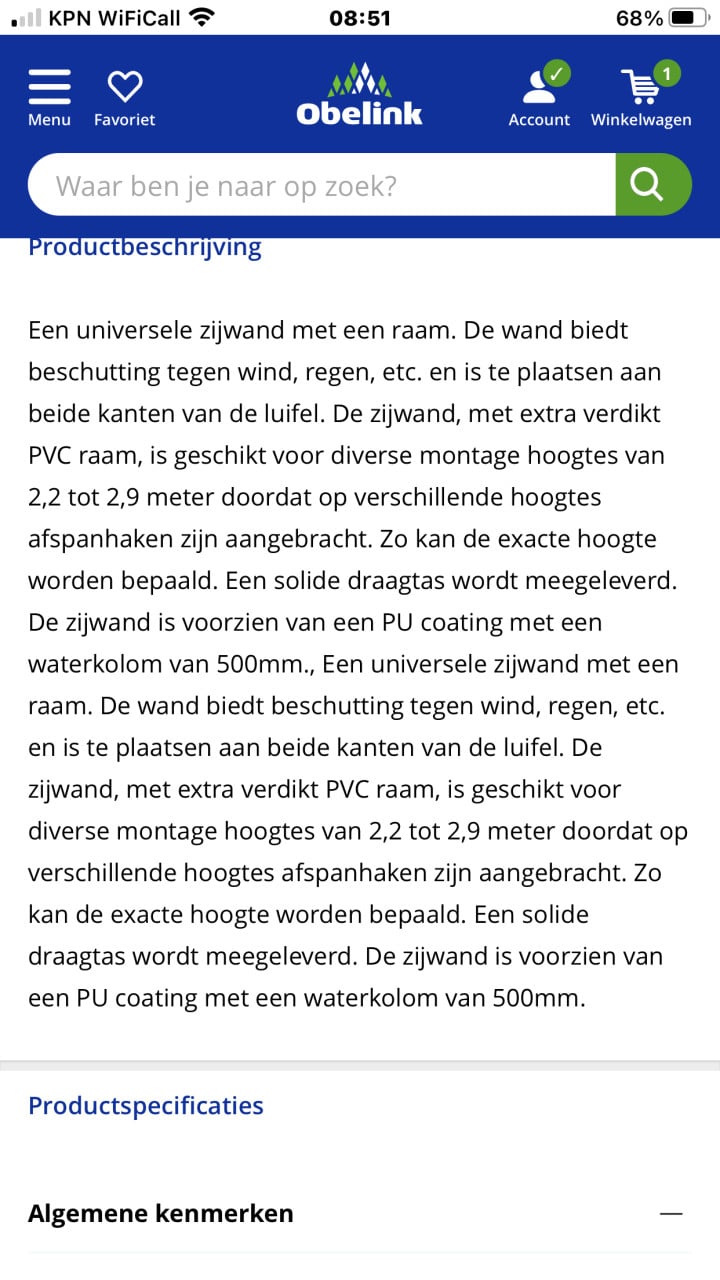 Bo-camp universele zijwand met rafter 2.50cm