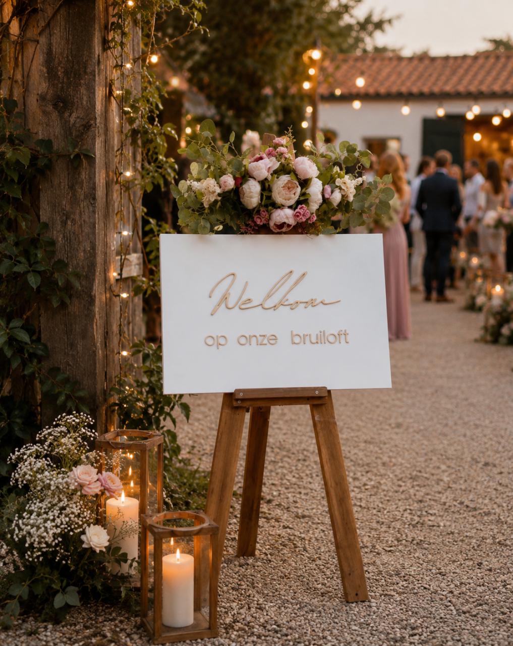 Mooi welkomstbord bruiloft incl ezel en bloemstuk