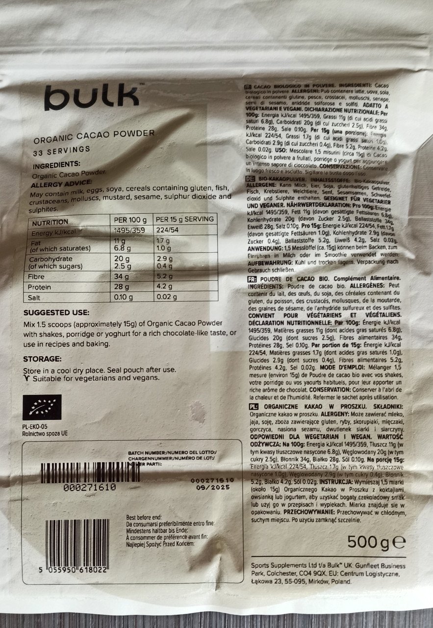 Organic cacao poeder - BB end 09/2025 - 500g voor €8