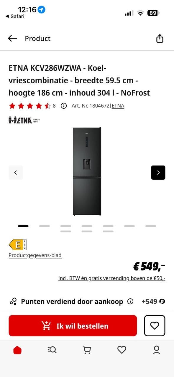 Etna koelkast met waterdispenser