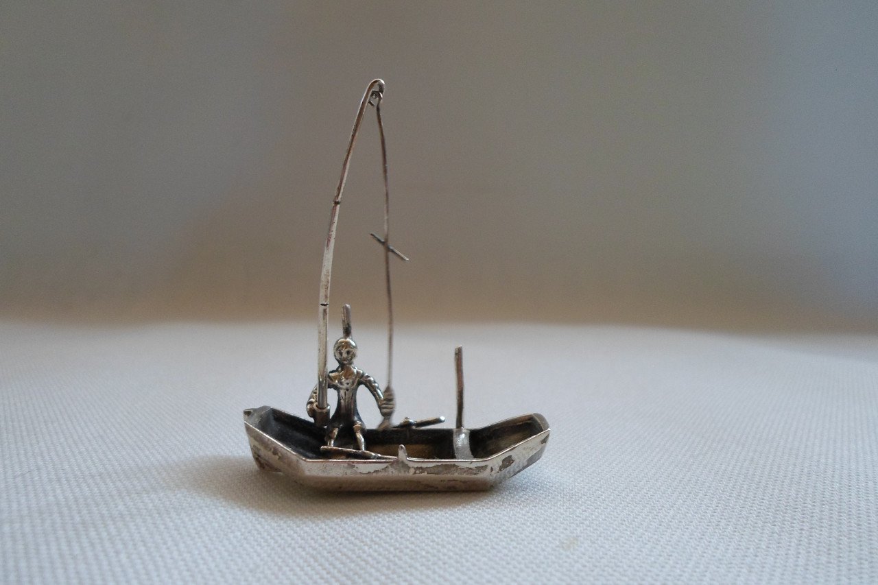Zilver Miniatuur Visser Boot Hengel