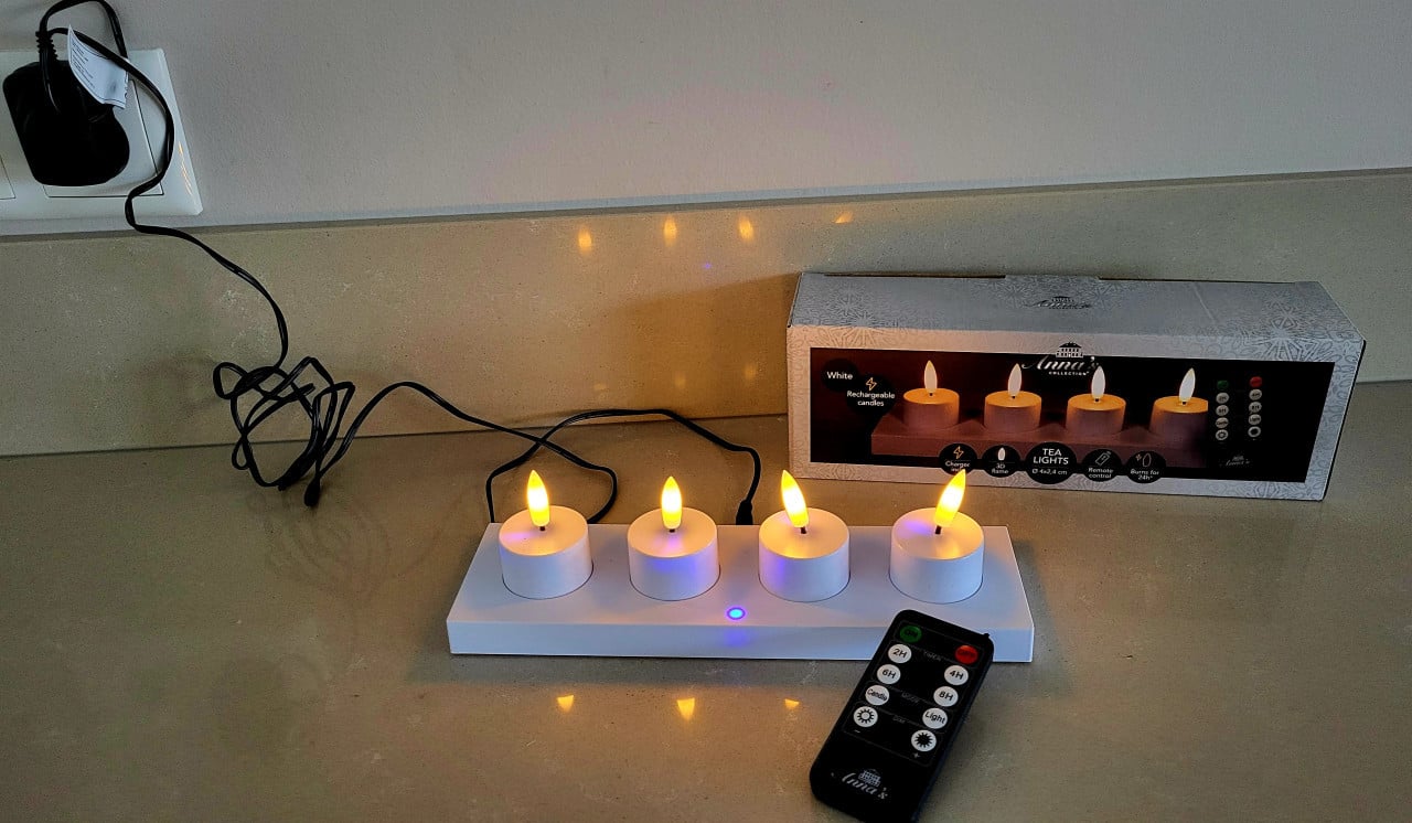 Oplaadbare LED theelichtjes - 4x - wit - oplaadstation -afstandsbediening