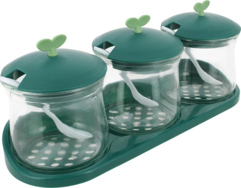 Cheffinger Set van 3 Glazen Kruidenpotjes met Deksel en Kunststof Houders