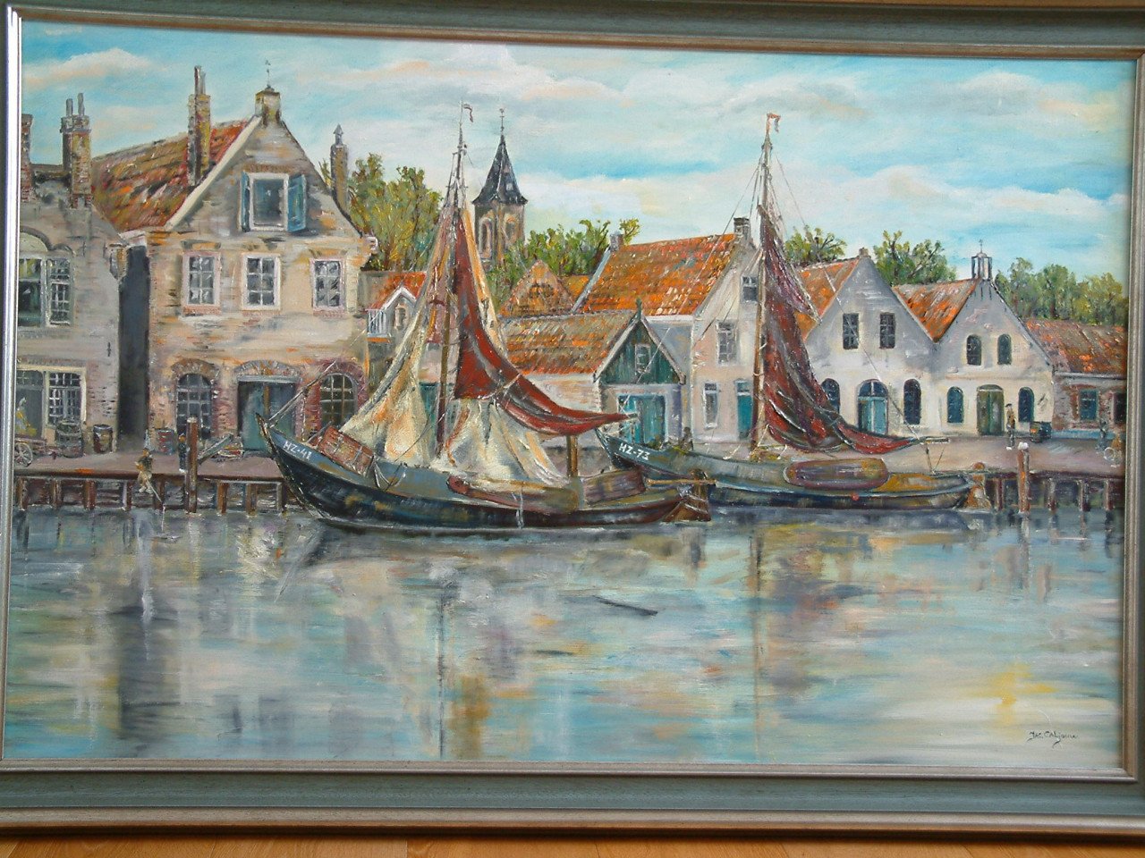 Olie verf 120 x 80 cm  Zuiderzee botters en Veere  met botter