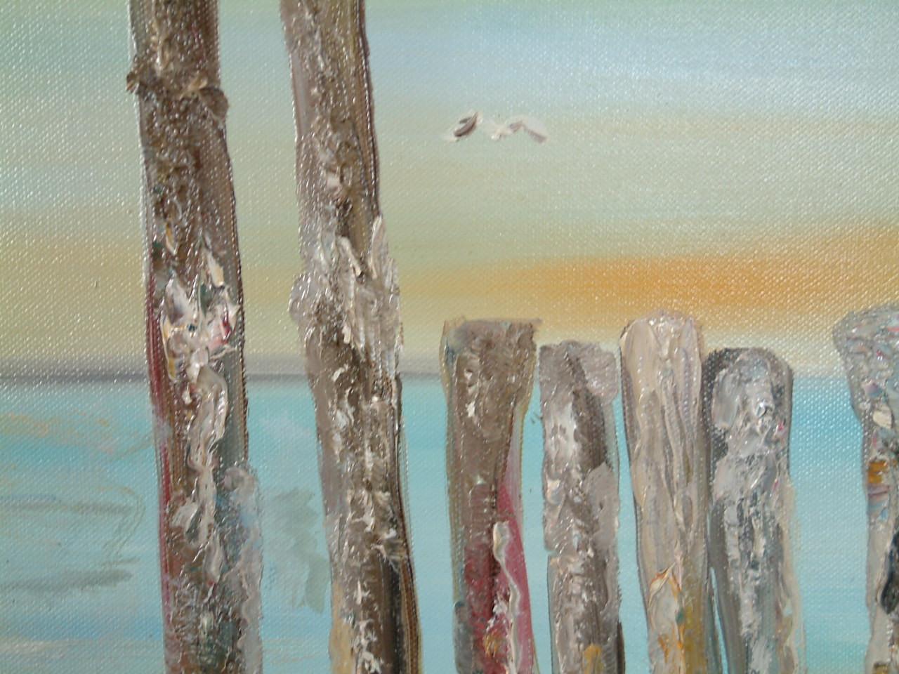 Strand met basalt -zeepokken 100 x 80  schilderijen  Jac Caljouw Arnemuiden