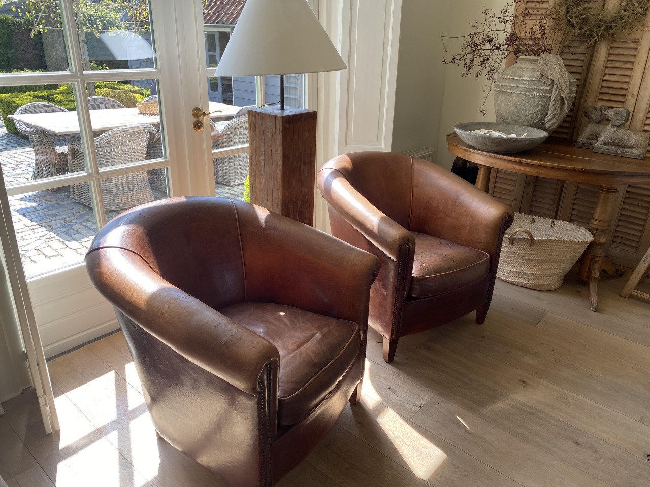 Set vintage schapenleren club fauteuils