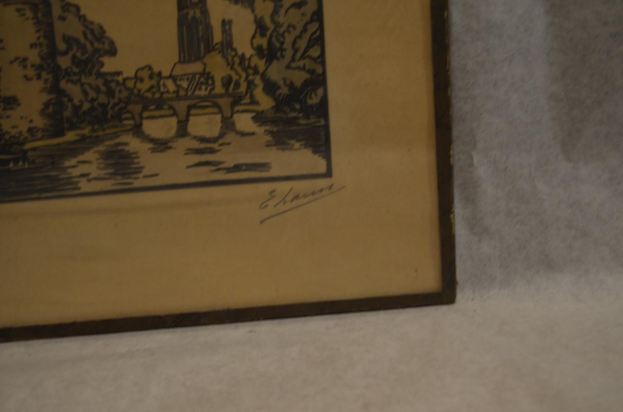 4 Etsjes gesign. ' E. Laun ' (?) dorps / stadsgezichten