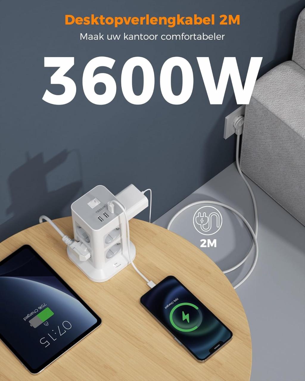 TESSAN 8 Voudige Stekkerdoos, Stekkerdoos met 3 USB poorten