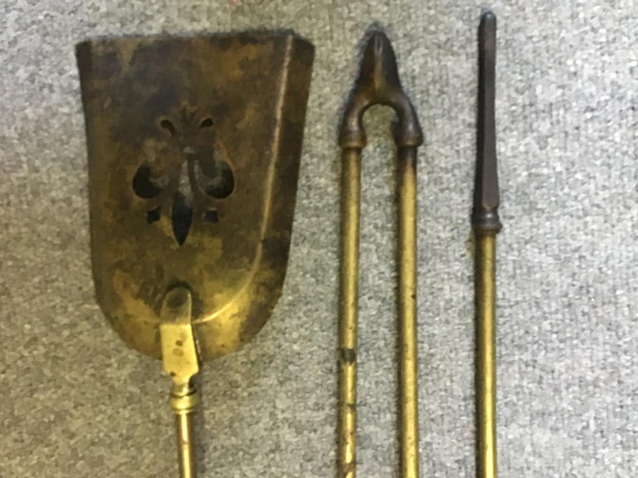 Antiek massief koperen haardstel