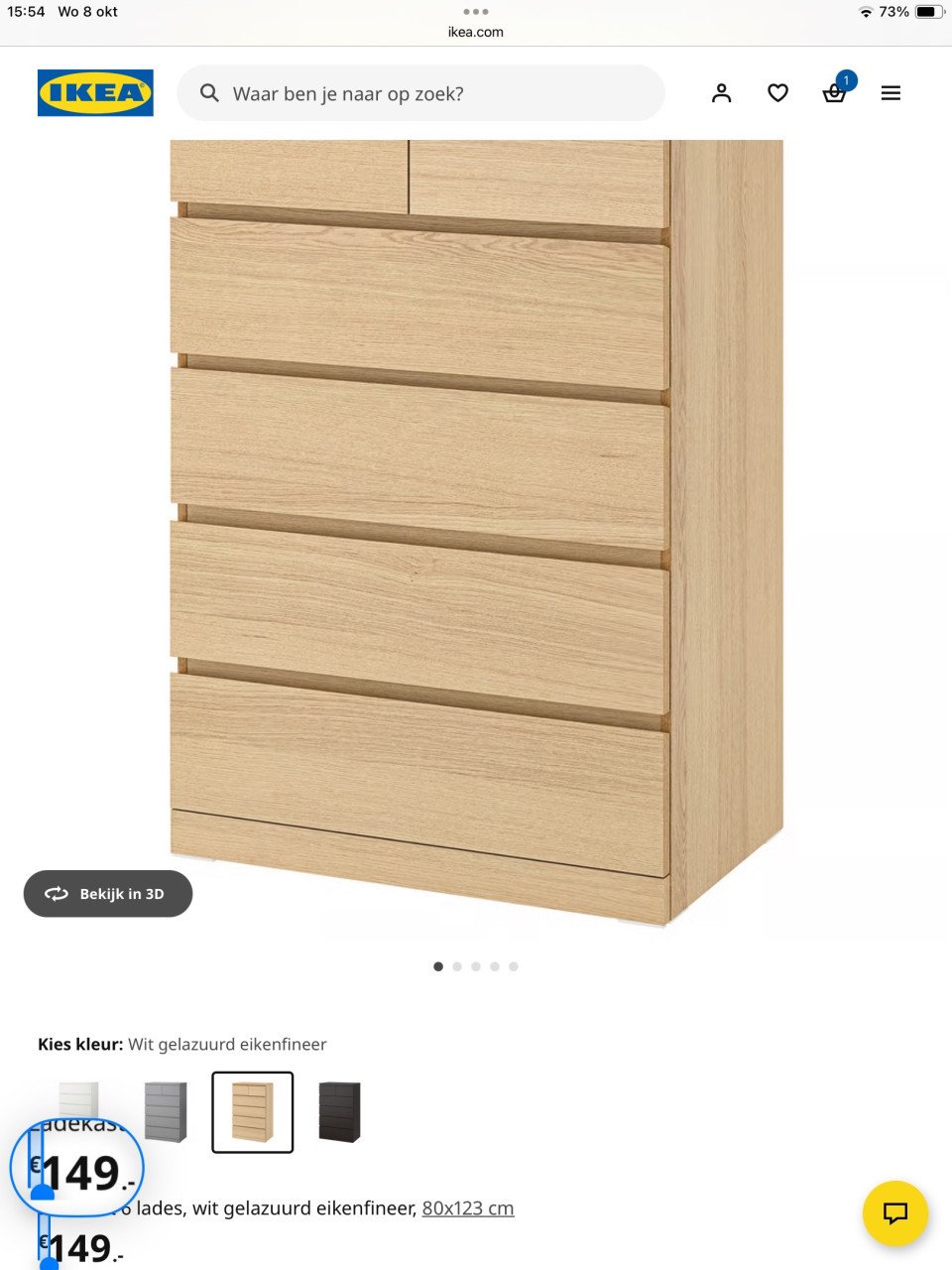 MALM Ladekast 6 lades, wit gelazuurd eikenfineer, 80x123 cm