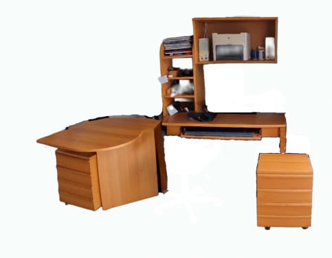 Dubbel ikea bureau met wandkast, staande kast en rol ladeblokken