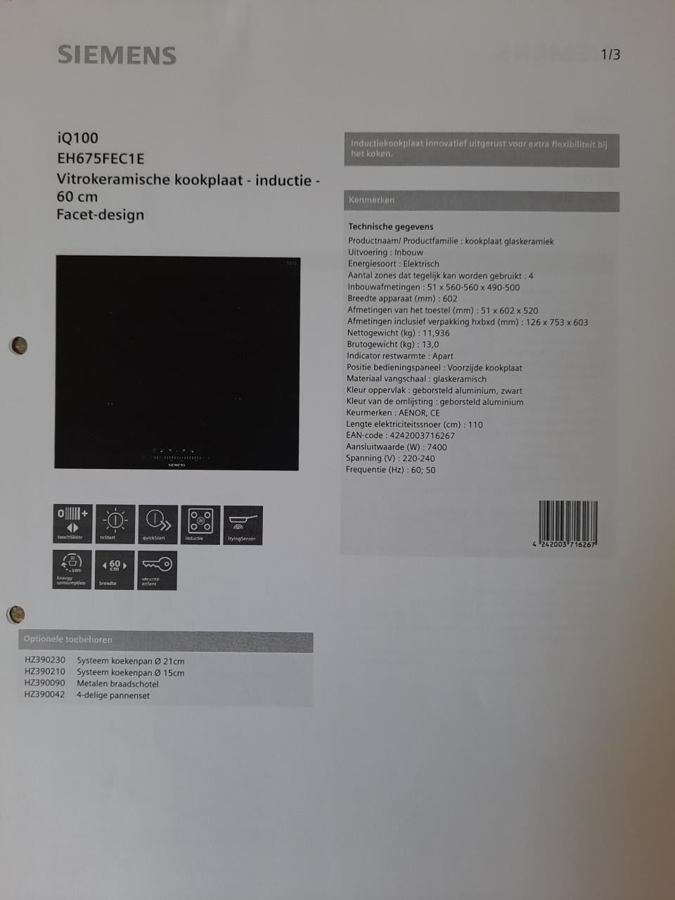 Inductie kookplaat Siemens