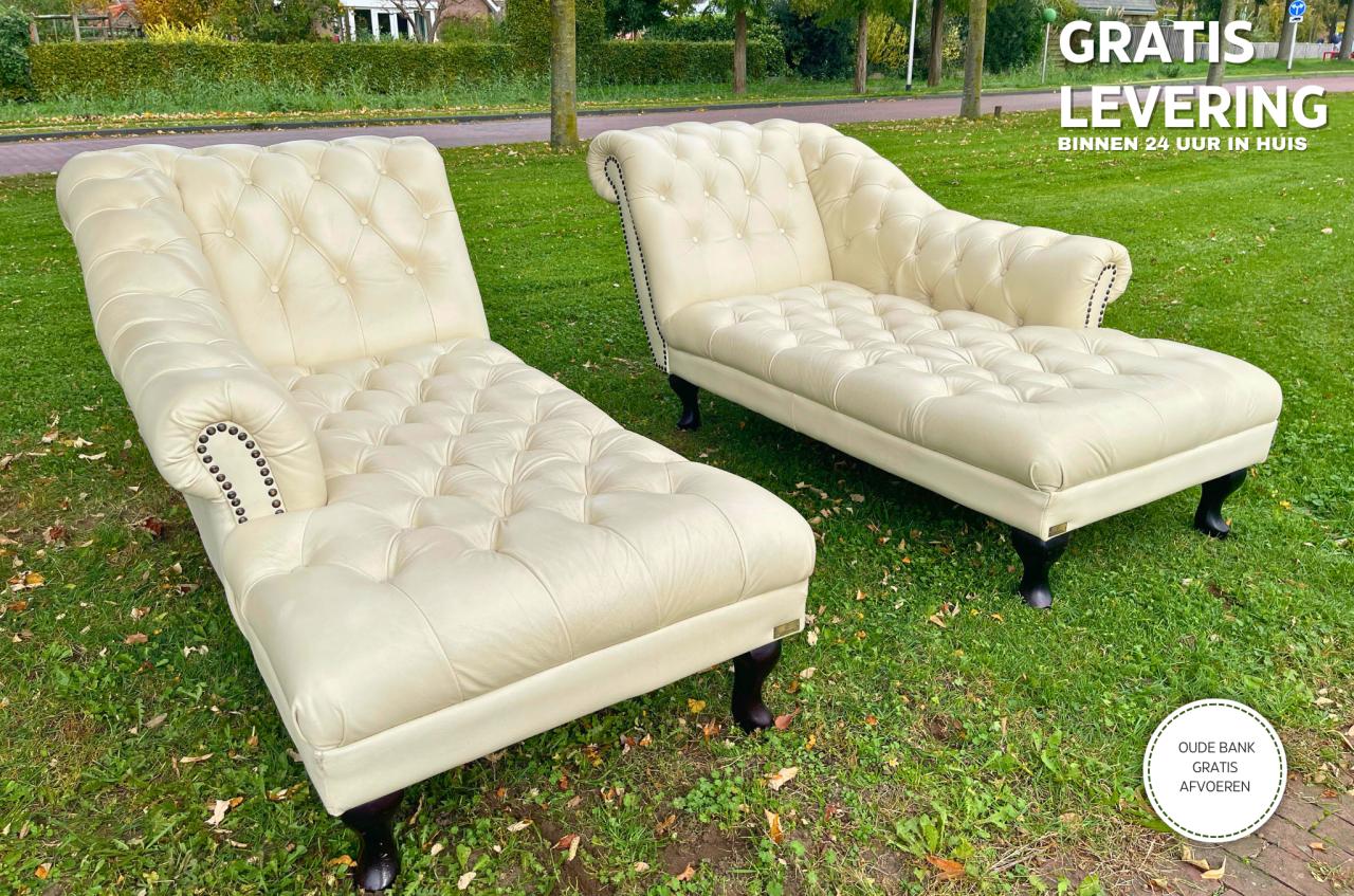 Chesterfield Chaise Lounge Set -Tijdloos Echt Leer Design-Luxe Uitstraling