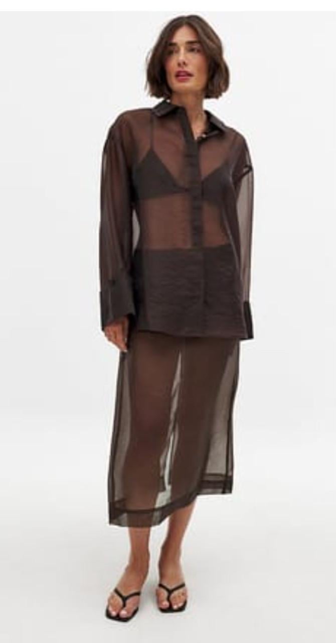 Lange bruine transparante overhemd jurk van de Zara