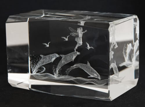 Dolfijnen en elfje 3D laser gegraveerd kristal glazen blok