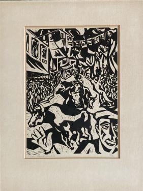 Houtdruk van Andries Minderhout het stierenrennen in het Spaanse Pamplona