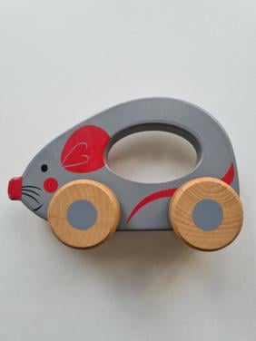 Houten muis op wielen, een klassiek duwspeeltje