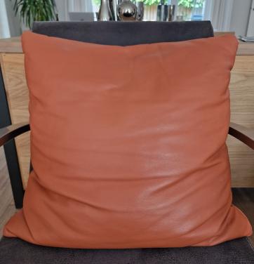 2 mooie grote oranje/rode lederen kussens