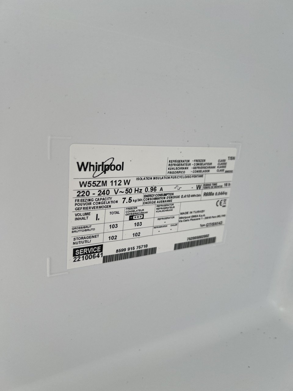 Nieuwe WHIRLPOOL W55ZM112W2N Vriezer / vrieskast 85x55 cm. 103 liter