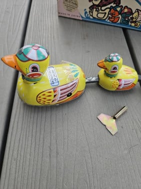 Vintage jaren 70 blikken (duck family)opwindbaar speelgoed met doos
