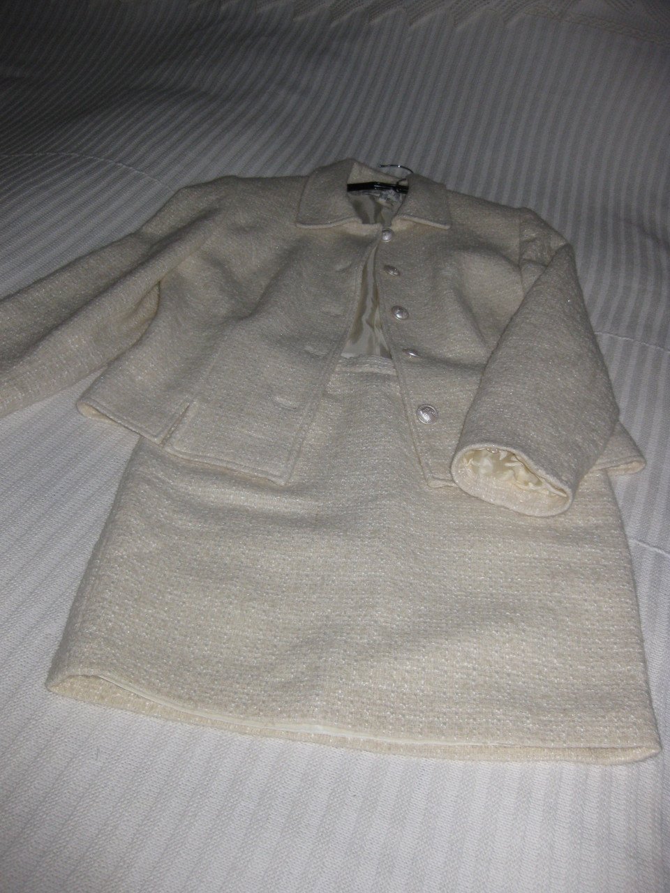 Vintage Jackie Kennedy stijl - Creme wolwit mantelpakje merk Nienhuis