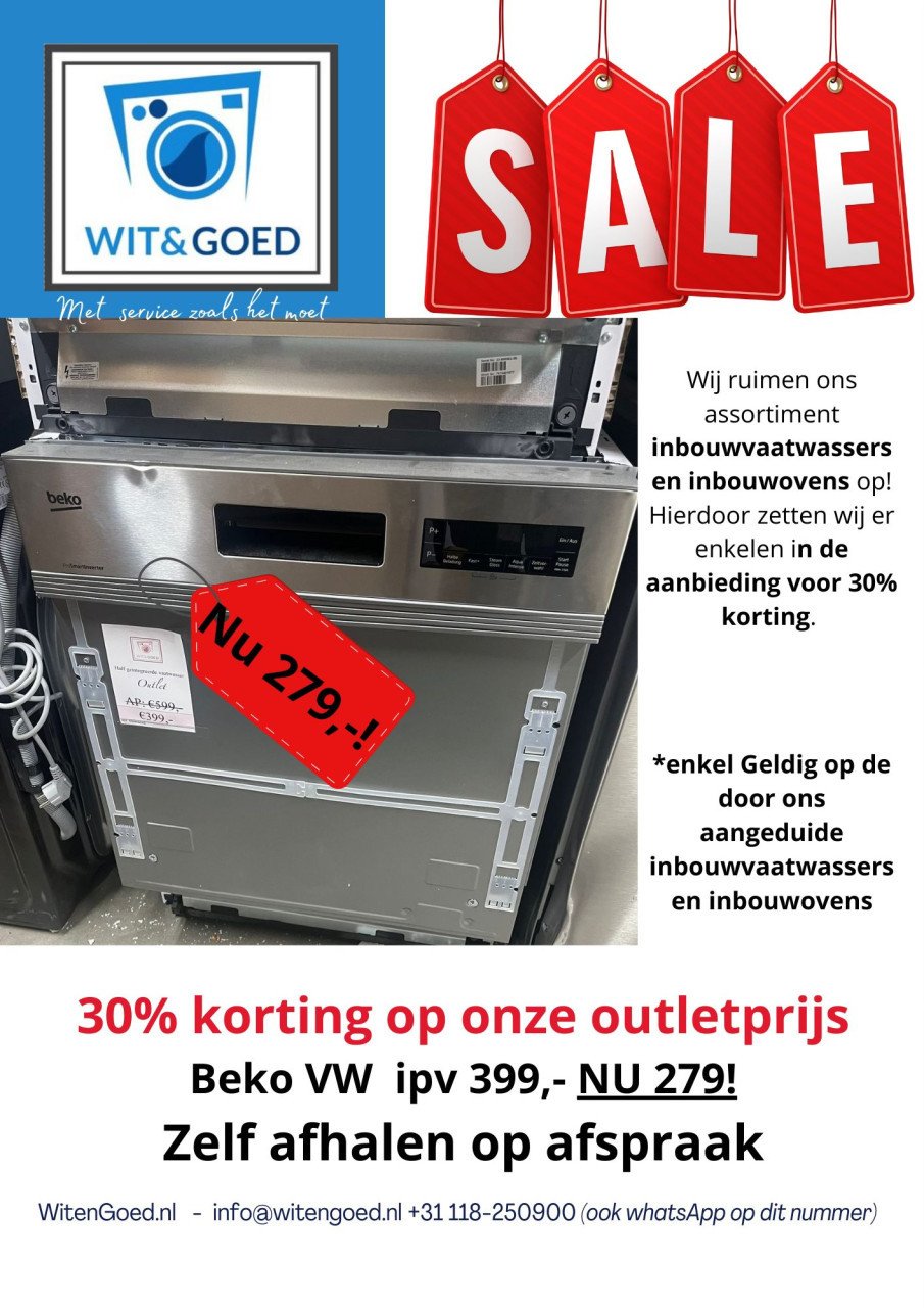 ACTIE -30% Op is Op Inbouwvaatwassers (outlet/nieuw)