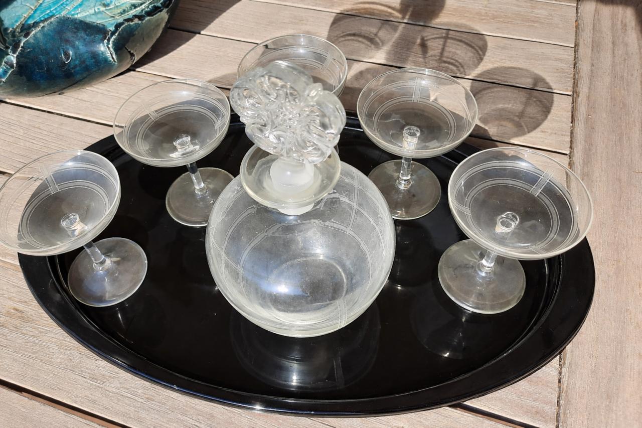 Likeurset - onderblad, karaf en 6 glazen