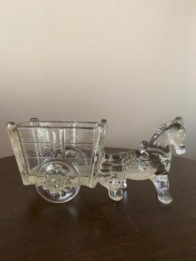 Vintage glazen ezel en karretje waarschijnlijk geproduceerd door Jeannette