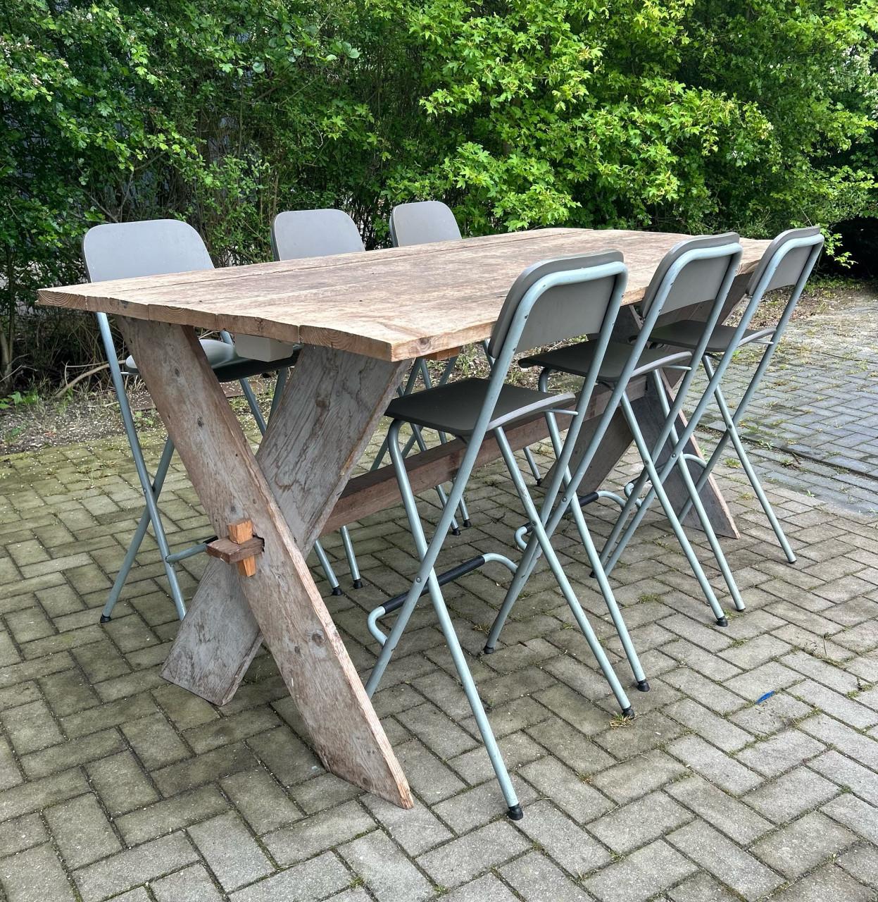 Te koop: 2 identieke industriële mancave tafels / bartafels.