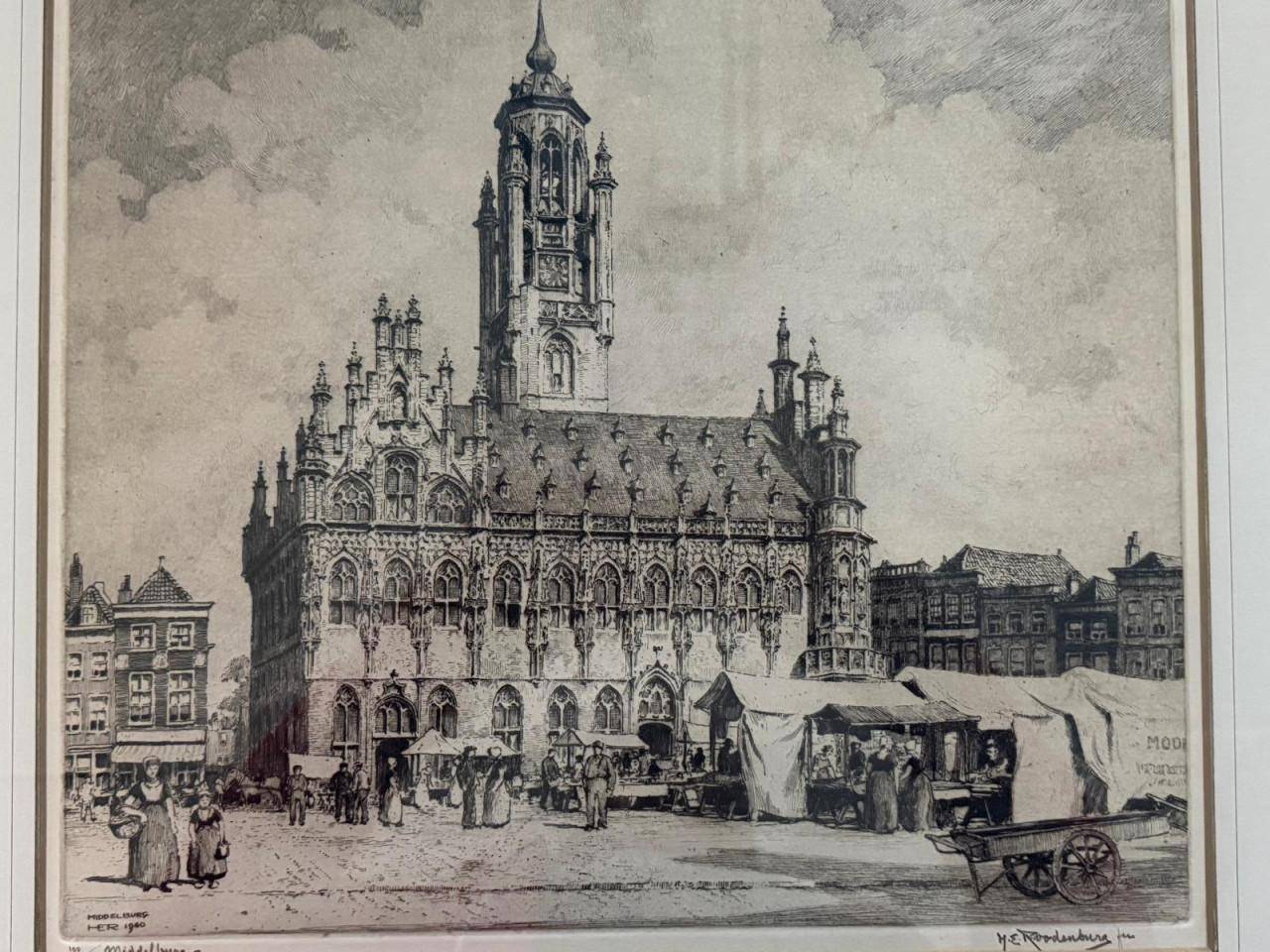 Middelburg Stadhuis Ets - zeldzaam van E.E.Roodenberg 1895 - 1973