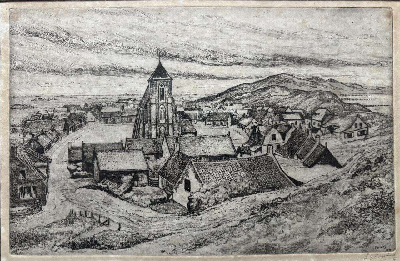 Gesigneerde Ets L.J. Braams - zicht op Zoutelande 1941