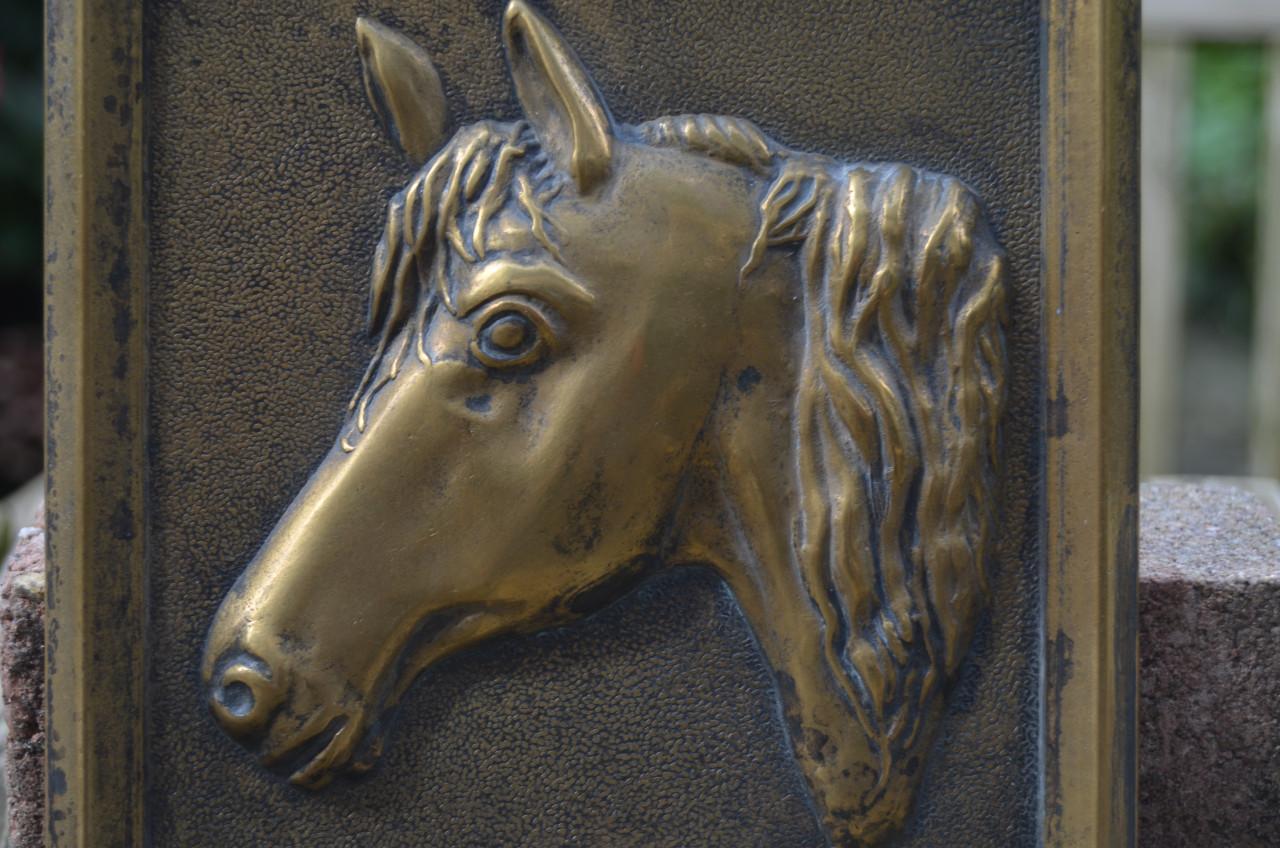 Mooie koperen plaquette van een paardenhoofd.