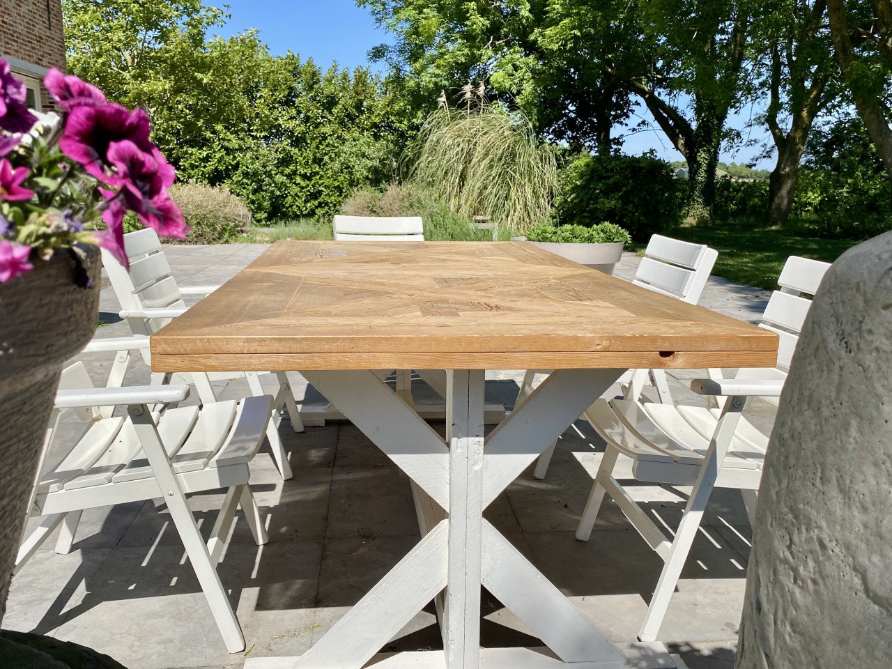 Prachtig uniek houten tuinset met XL tafel