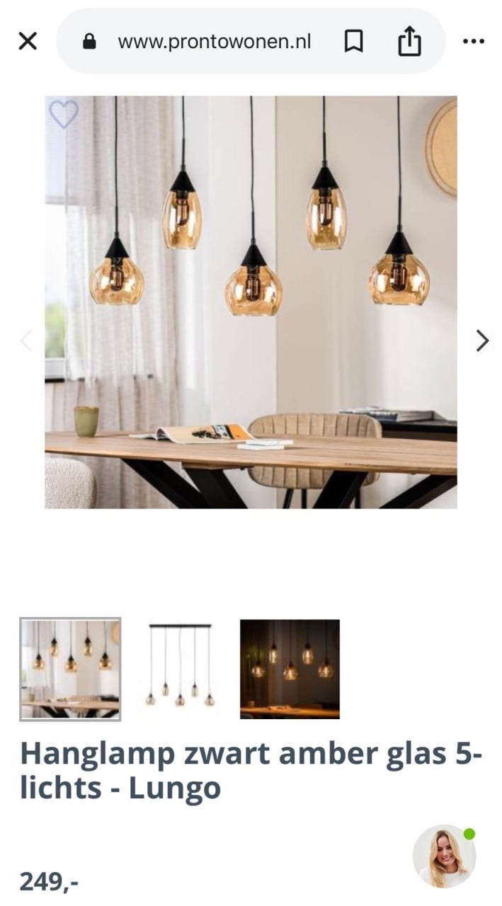 📦 Te koop: Hanglamp “Lungo”5-lichts met amberkleurig glas-NIEUW in doos