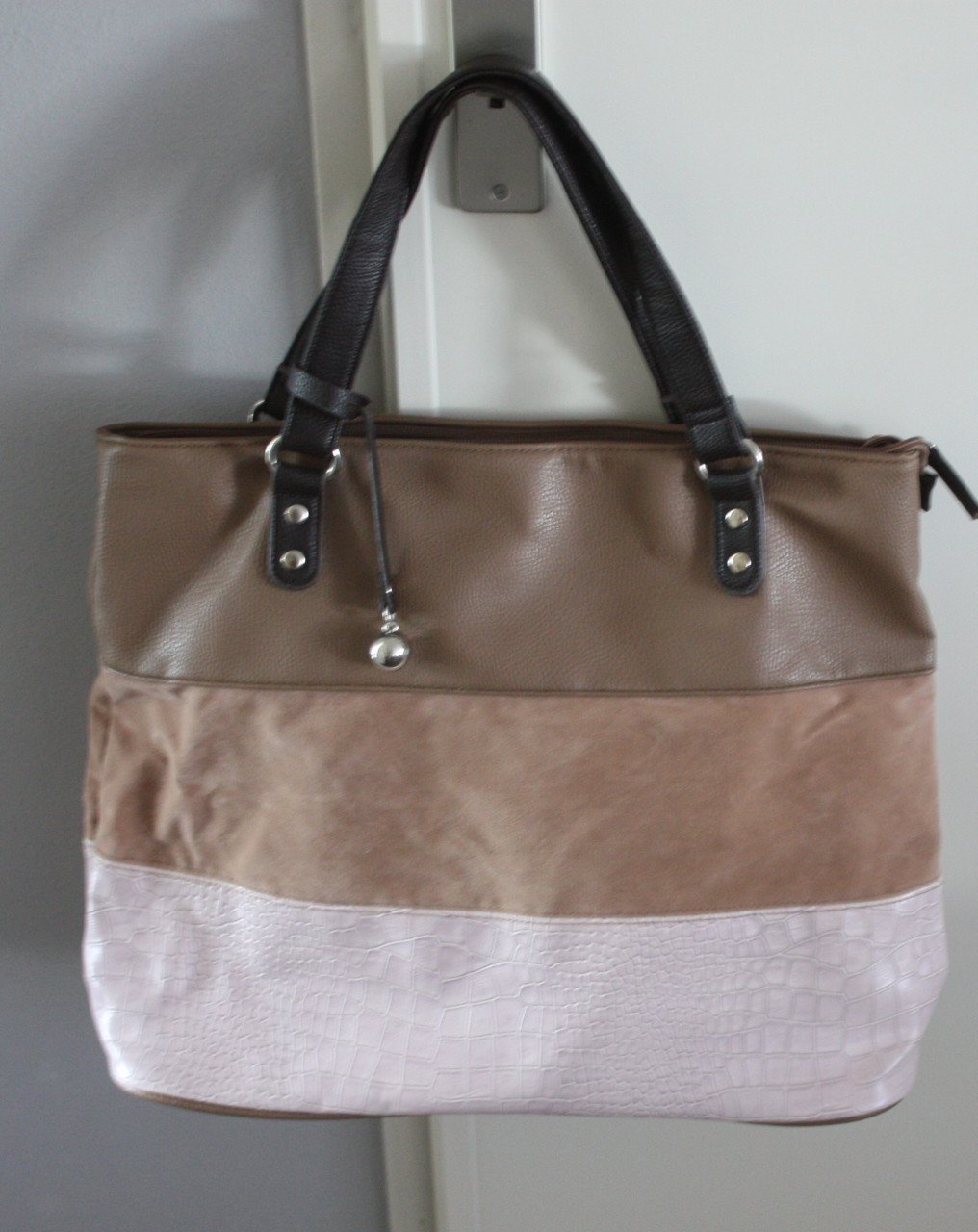 Handtas met strepen beige roze bruin
