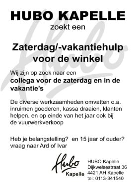 ZATERDAG/- VAKANTIEHULP GEZOCHT