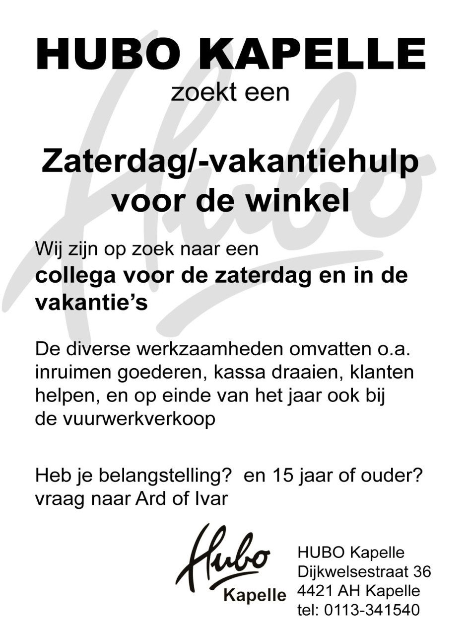 ZATERDAG/- VAKANTIEHULP GEZOCHT
