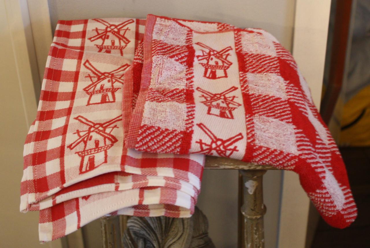Nieuw set rood wit geblokt met molenrand handoek en theedoek