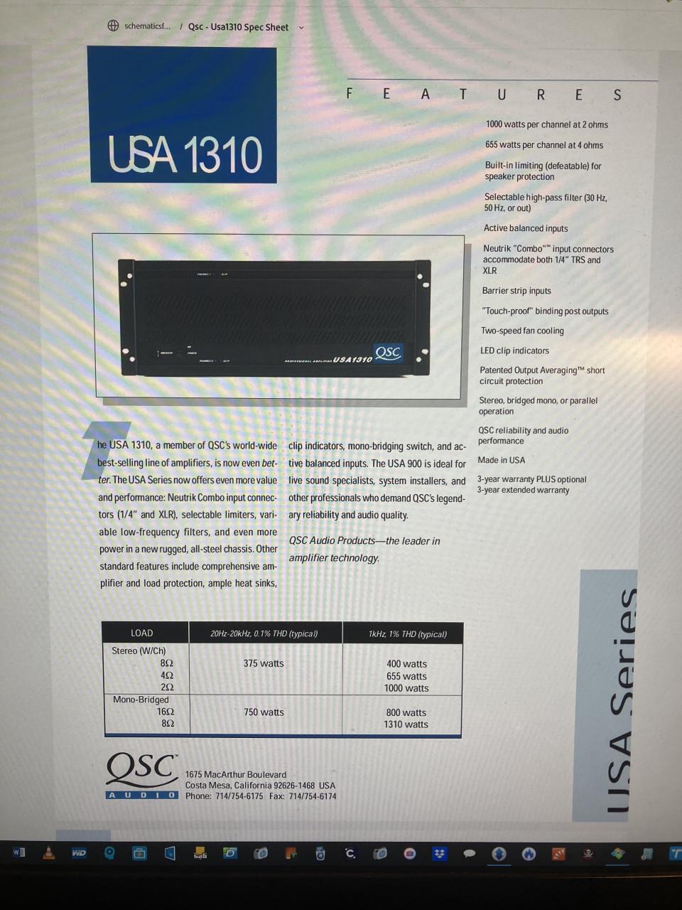 QSC USA 1310 amplifier 2x1000 Watt voor opmaak of onderdelen