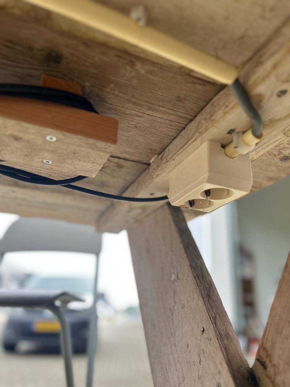 Te koop: 2 identieke industriële mancave tafels / bartafels.