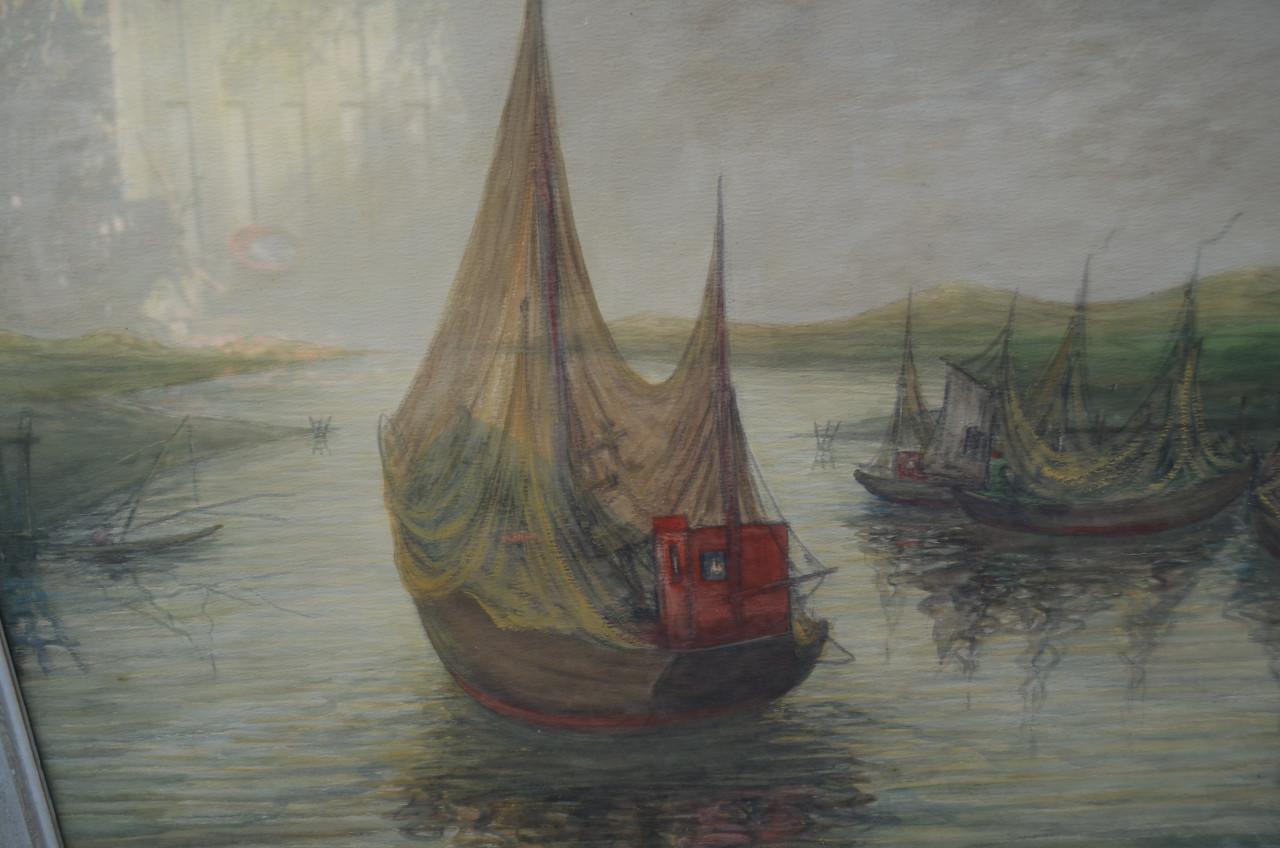 Groot schilderij Vissersscheepjes in goede staat Theo Idserda