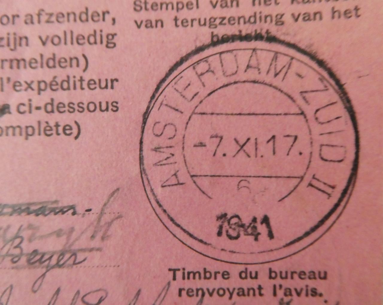 Ontvangstbericht, 1941, Ned. Posterijen, Amsterdam - Sluis