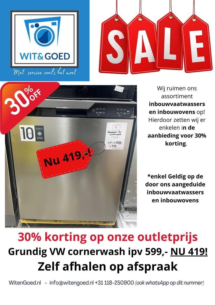 ACTIE -30% Op is Op Inbouwvaatwassers (outlet/nieuw)