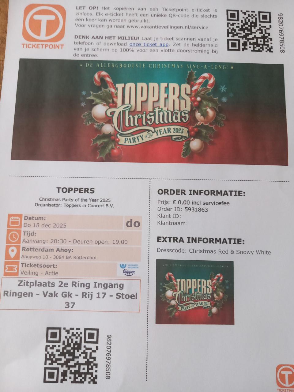 2 Kaartjes Toppers 18 dec Ahoy