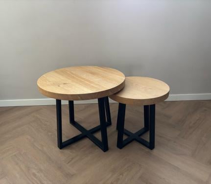 Set massief eikenhouten salontafels