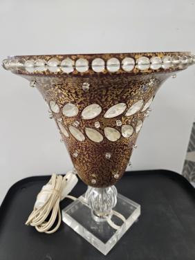 Hollywood Regency-glazen tafellamp met kristallen steentjes